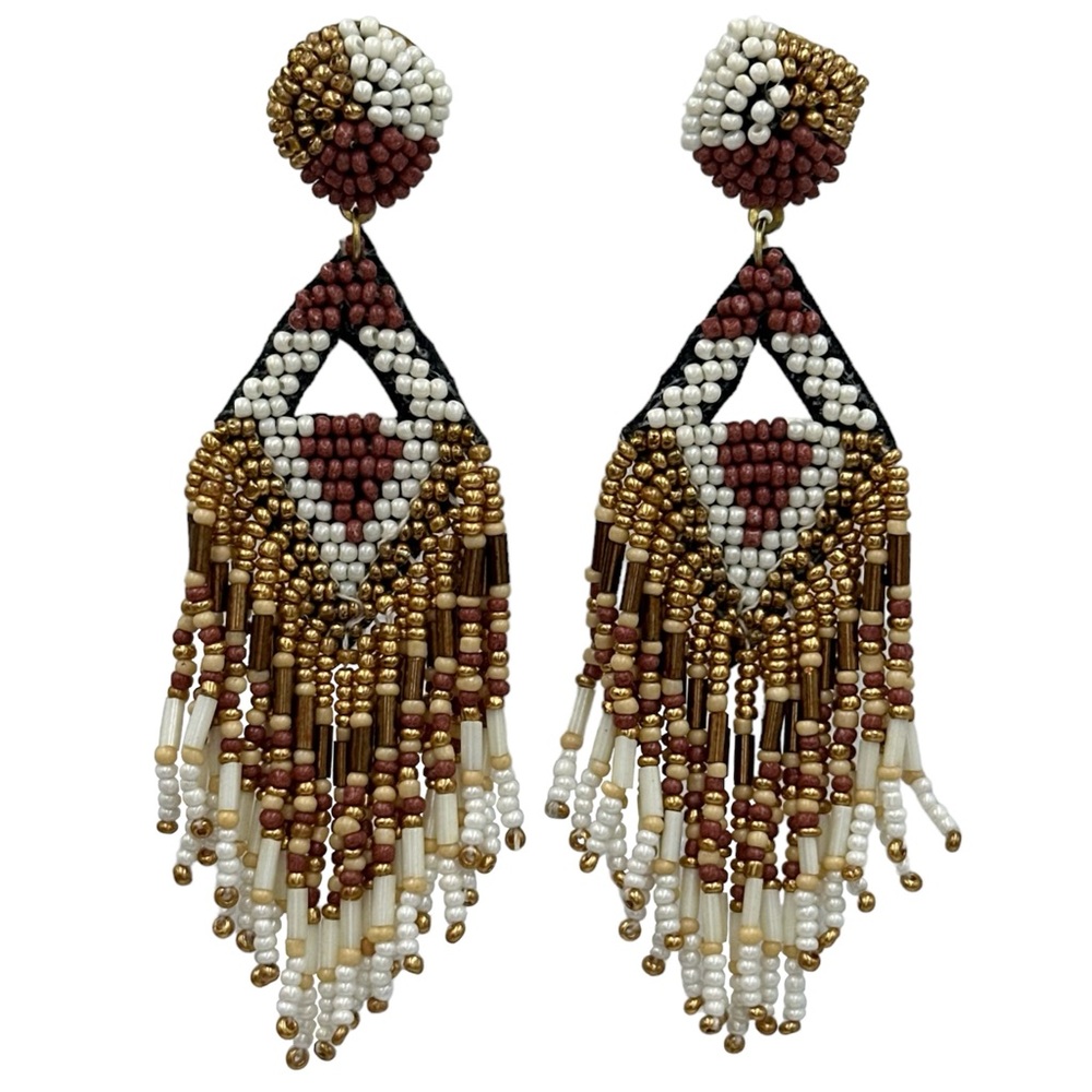 Chunky Seed Bead Tribal Cream Gold Brown Statement Tassel Fringe Earrings